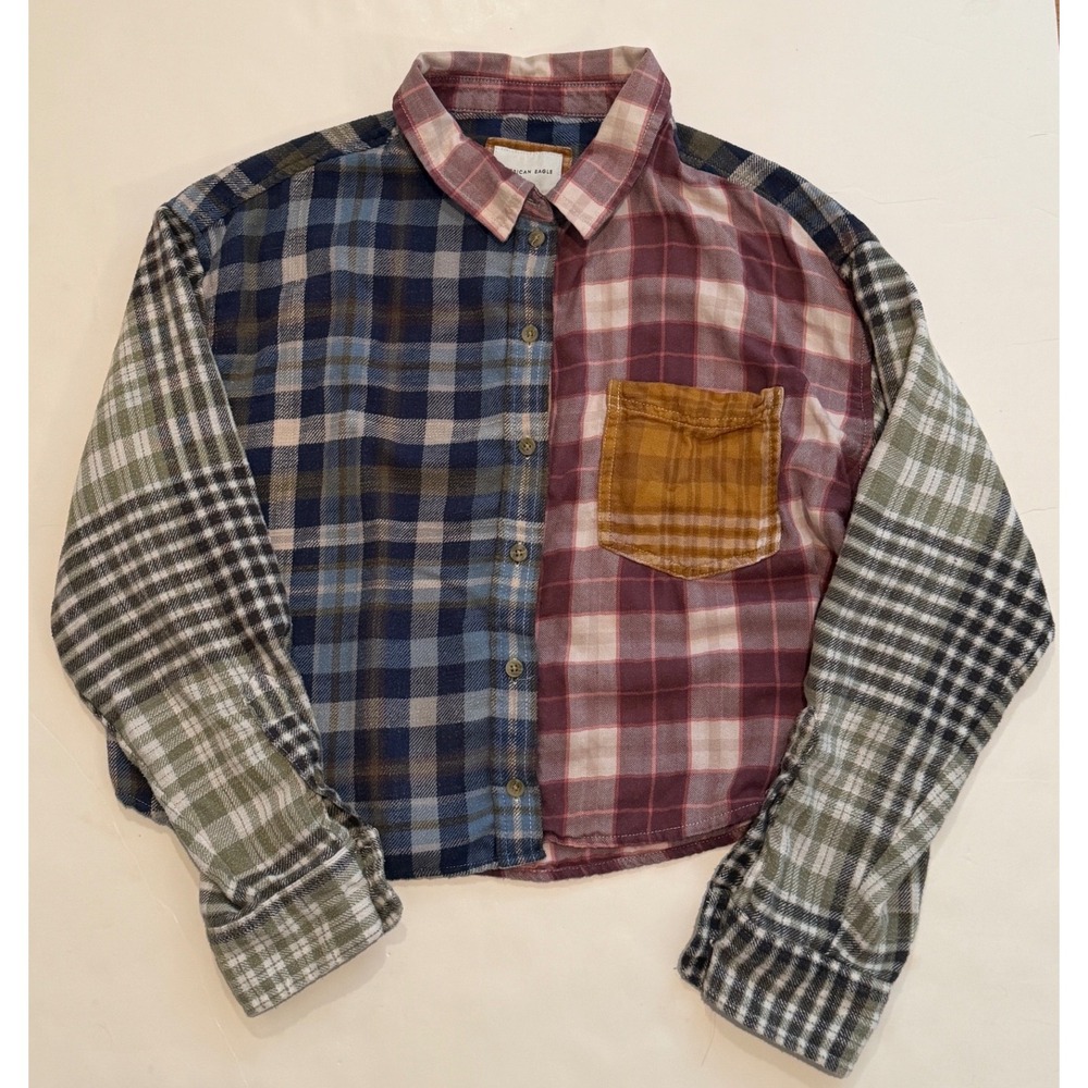 American Eagle Patchwork Plaid Flannel Shirt Women Medium Cropped Colorblock Top